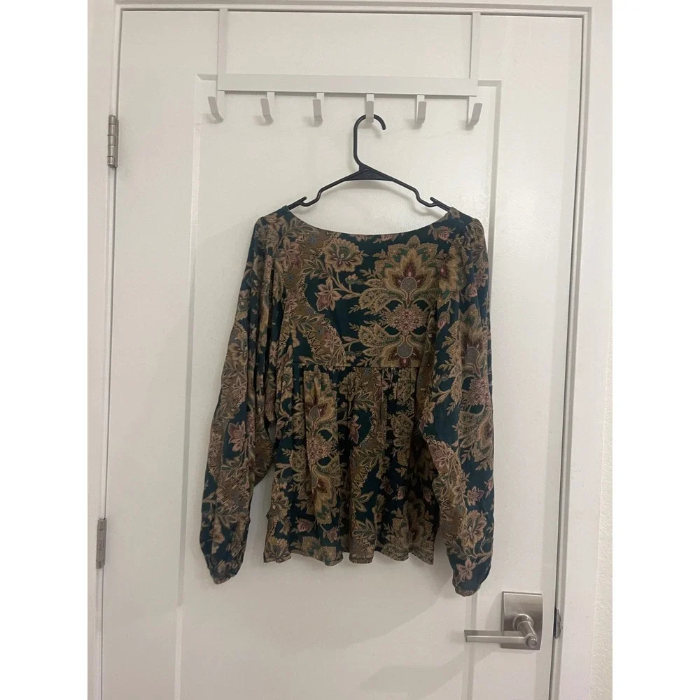 Ralph Lauren Denim Supply Green Boho Puff Sleeve Blouse V Neck